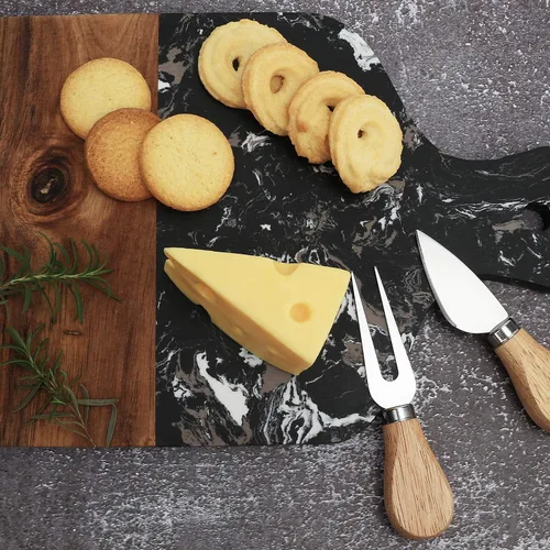 Vista 6 de Tabla de cortar con mármol y madera natural, tabla de servir para frutas de bistec con asa, tabla de cortar para pan como bandejas para servir Negro