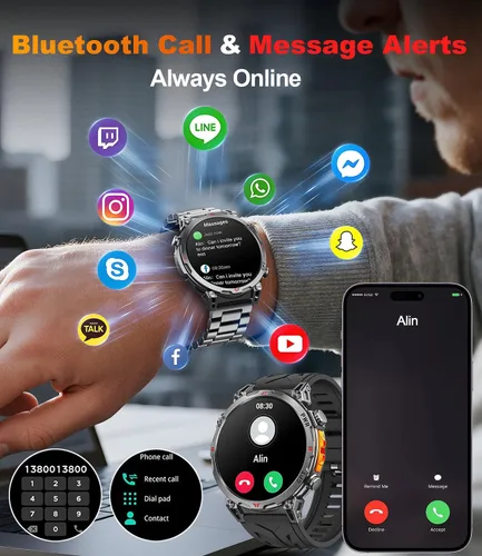 Vista 5 de Relojes inteligentes militares para hombres GPS, pantalla AMOLED de 1.56 pulgadas, llamada Bluetooth, reloj inteligente para teléfonos Android