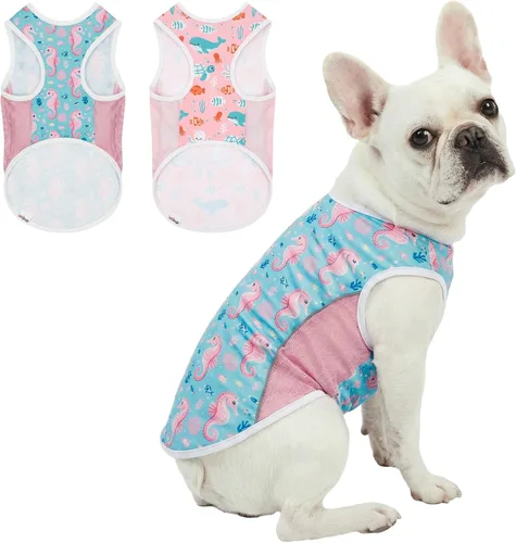 Vista 17 de Camiseta para perro con protección solar UPF 50+, paquete de 2 chalecos ligeros sin mangas para perros pequeños y niñas, tiras reflectantes, ropa