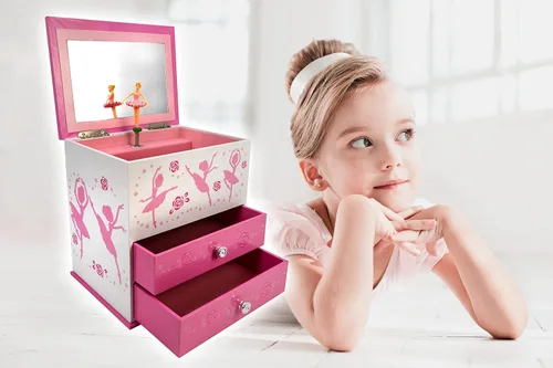 Vista 5 de Caja de música bailarina de 2 cajones con collar de bailarina de color plateado