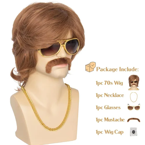 Vista 2 de Miss U Hair - Pelucas de fiesta marrón de los años 70 para hombre, peluca de salmonete, peluca de Halloween con accesorios de los años 70, collar