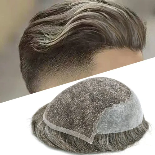 Vista 105 de Toupee para hombres pieza de pelo suave suizo encaje real sistema de cabello humano reemplazo blanqueado nudo mens tupé sistema de pelo para hombres