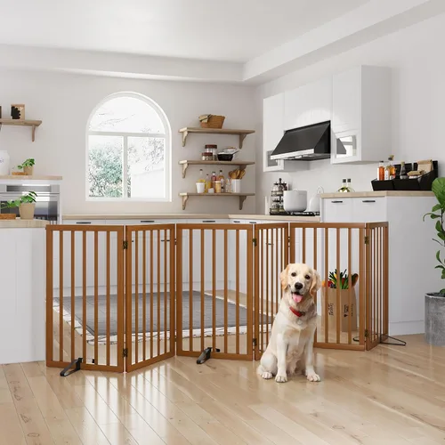 Vista 24 de Semiocthome Puertas de bambú para perros para interiores, puertas independientes de 2 paneles para cachorros para la casa con 2 soportes de metal