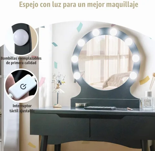 Vista 4 de Set de mesa de tocador Giantex con 8 bombillas y interruptor táctil, mesa de maquillaje para niñas princesa con espejo redondo grande, 2 cajones