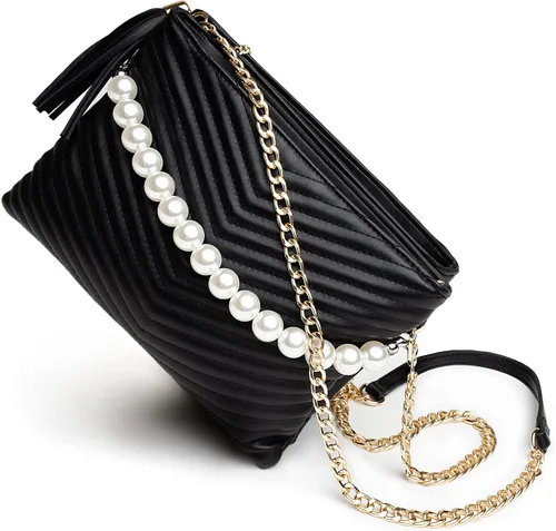 Vista 9 de Before Ever Bolsos de mano de pulsera de doble bolsa para mujer bolso de mano grande de noche con cruzado de perlas blancas