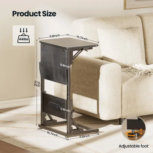 Vista 3 de HLDIRECT - Mesa auxiliar en forma de C con estación de carga, mesa lateral para sofá con bolsa de almacenamiento, bandeja para TV ajustable