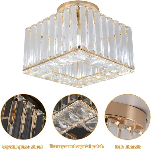 Vista 2 de Moderna lámpara de techo de cristal, iluminación semiempotrada con acabado dorado LED con base E26/27 para dormitorio, entrada, vestíbulo, pasillo