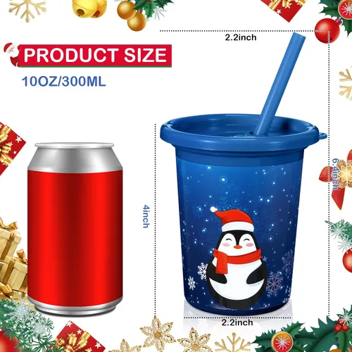 Vista 3 de Nuanchu 12 vasos de Navidad con pajitas y tapas, vasos reutilizables de plástico de 10 onzas para regalo de fiesta de Navidad