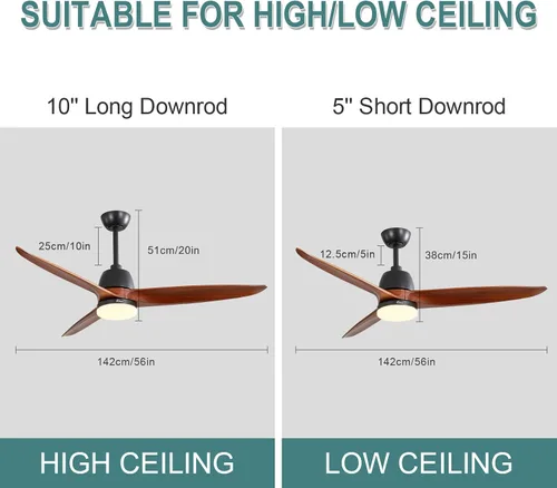 Vista 5 de Sofucor - Ventilador de techo de madera con luces y control remoto, de 56 pulgadas, con luz LED regulable, 3 aspas reversibles de madera maciza