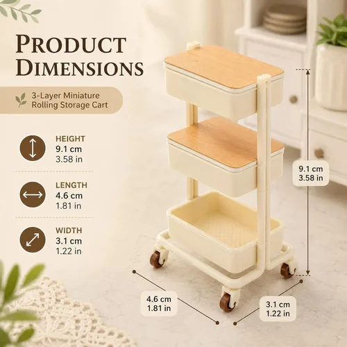 Vista 2 de LOGOFUN Carrito de casa de muñecas en miniatura, carrito de compras, estante de almacenamiento de 3 capas con ruedas para decoración de muebles
