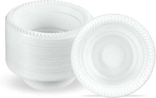 Vista 24 de PLASTICPRO 100 piezas de cuencos de plástico blanco de 5 oz de calidad premium, platos ligeros desechables, cuencos pequeños de plástico