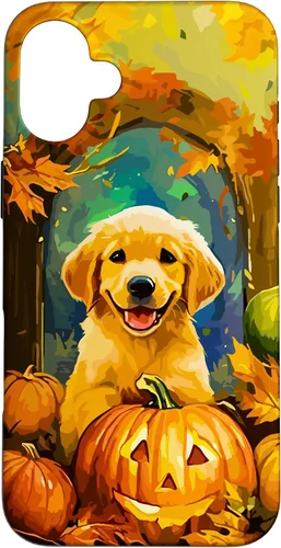 Vista 23 de Cute Golden Retriever Fall Pumpkin Autumn Leaves Halloween Case for iPhone 16