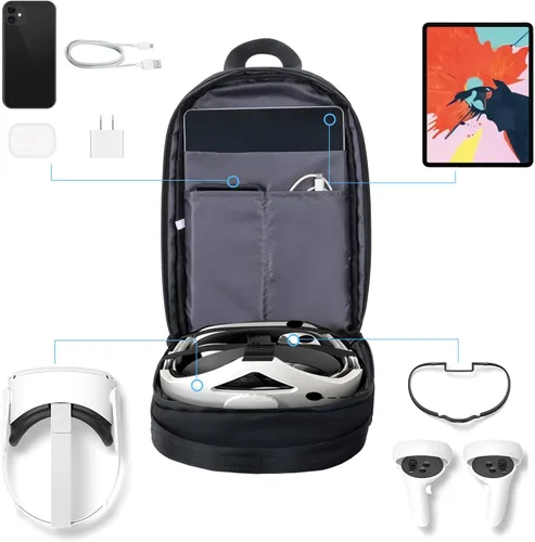 Vista 6 de Funda de transporte para Oculus Quest 2, funda de viaje rígida para MetaOculus Quest 2 VR auriculares y controladores accesorios, mochila cruzada