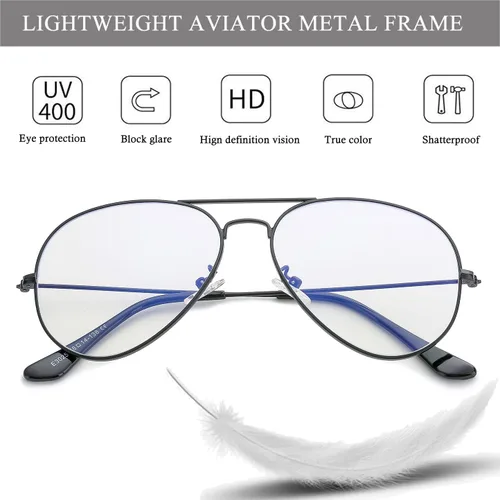 Vista 5 de HJSTES Lentes transparentes de aviador, luz azul, para mujeres y hombres, montura piloto clásica, sin receta