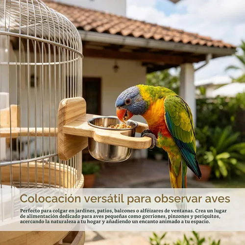 Vista 7 de Taza de alimentación de pájaros con plataforma, cuenco colgante de acero inoxidable para loros, soporte de perca de madera, jaula de pájaros