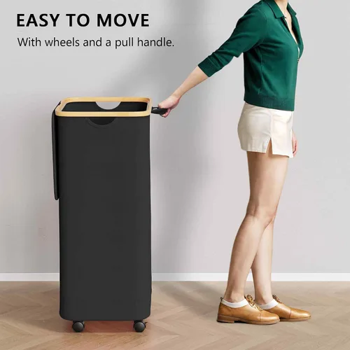 Vista 4 de SUOCO Cesta de lavandería con ruedas 100L, canasta de ropa con tapa y asas de bambú, cesta plegable para la ropa sucia para dormitorio, baño, Negro