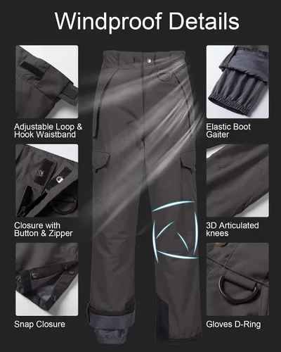 Vista 5 de CREATMO US Pantalones de nieve para hombre, baberos de esquí, impermeables, aislados, para invierno y snowboard