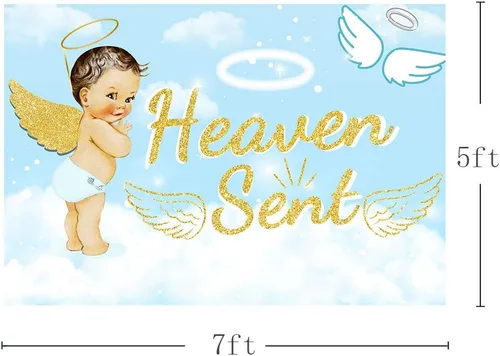 Vista 4 de Bonito telón de fondo para fiesta de baby shower, de 7 x 5 pies, cielo azul claro, nube blanca, ángel dorado, decoración de alas doradas, regalo