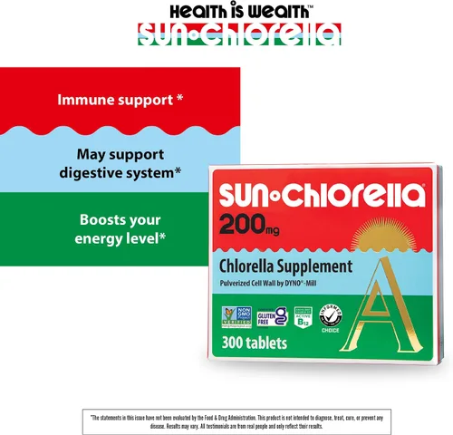 Vista 3 de Sun Chlorella Suplemento superalimento de algas verdes de 200 mg - Pared celular pulverizada - Clorofila, CGF, B12 activo, hierro, proteína, sin OMG