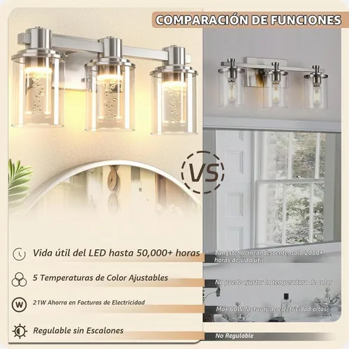 Vista 5 de Quntis Lámparas de baño de níquel cepillado con 5 modos de color, lámpara de tocador de baño moderna regulable de 3 luces sobre espejo, lámpara