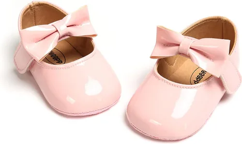 Vista 4 de LOWLO Zapatos planos Mary Jane para bebé niña, con lazo brillante, vestido de princesa, zapatos de cuna antideslizantes para niños pequeños que