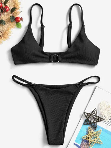 Vista 3 de ZAFUL Traje de baño de dos piezas para mujer con anillo en O acanalado
