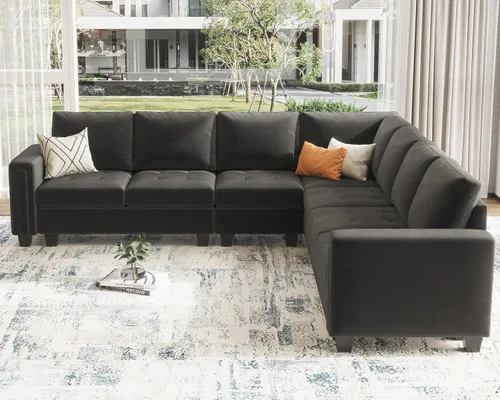 Vista 4 de Belffin Sofá modular de terciopelo en forma de L, sofá seccional convertible de gran tamaño con diván reversible para sala de estar, gris