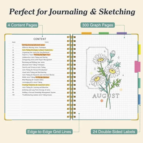 Vista 3 de Cuaderno de papel cuadriculado, cuaderno de cuadrícula en espiral de 8.5" X 11", diario de cuero de tapa dura de 300 páginas, cuaderno de papel