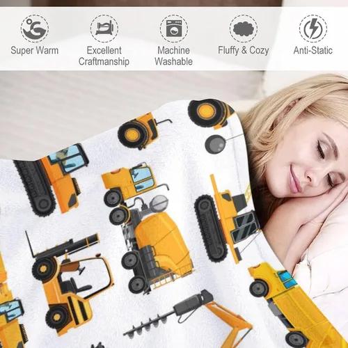 Vista 4 de Manta de construcción de excavadoras, regalos para amantes de los camiones amarillos de 40 x 50 pulgadas para niños, manta de forro polar de diseño