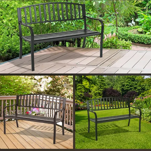 Vista 5 de Tangkula Banco de jardín de acero para exteriores de 50 pulgadas, banco de jardín con respaldo alto y reposabrazos inoxidables, banco ideal