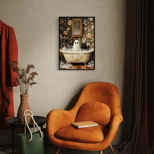 Vista 7 de Póster de fantasma y gato negro en la bañera, arte de pared en lienzo de Halloween de Whimsigoth, pintura de fantasmas y flores, imagen espeluznante