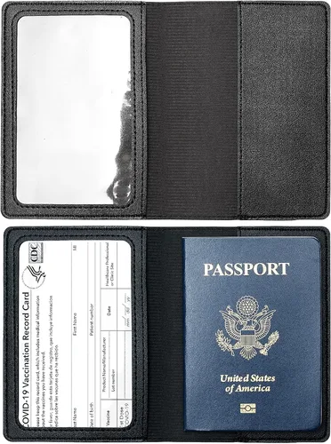 Vista 4 de Paquete de 2 portatarjetas de pasaporte y vacunación, de piel sintética, para pasaporte, funda protectora para vacunas, cartera de pasaporte