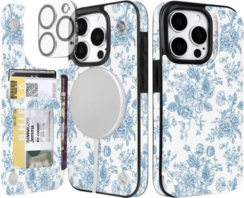 Vista 24 de uCOLOR - Funda tipo cartera para iPhone 15 con tarjetero y diseño de lunares con leche de almendra Bloqueo RFID de piel sintética para mujeres