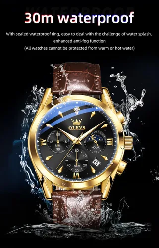 Vista 5 de OLEVS Reloj de cuarzo analógico de cuero para hombre - Reloj de pulsera cronógrafo de lujo con fecha, impermeable, luminoso - estilo de vestir