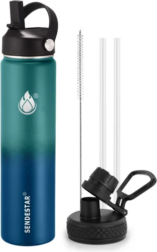 Vista 52 de SENDESTAR Botella de agua aislada de 24 onzas, boca ancha, botella de agua de 24 onzas con tapa con popote, tapa de boquilla, acero inoxidable