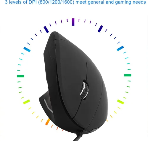 Vista 6 de Ratón de mano izquierda con cable, ratón vertical de mano izquierda, mouse ergonómico vertical 800/1200/1600DPI USB ratón óptico, fácil de usar.