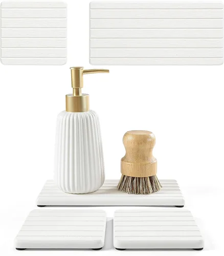 Vista 16 de Paquete de 2 bandejas de fregadero de piedra de diatomita, tapete de grifo absorbente de agua para encimera de cocina y baño, jabonera decorativa