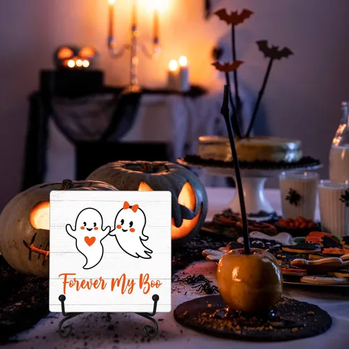 Vista 3 de KFNER Letrero de decoración de escritorio de Halloween, decoraciones de Halloween para el hogar, dormitorio, granja, Forever My Boo, dulces regalos