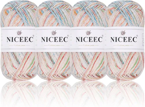 Vista 36 de NICEEC 4 madejas de hilo de algodón suave para bebé, 4 capas, manualidades DIY, peso fingering, hilo para manta para ganchillo y tejido, total 700