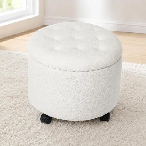 Vista 14 de Adeco Otomana redonda de almacenamiento, taburete tapizado para maquillaje, taburete de terciopelo para dormitorio, dormitorio beige