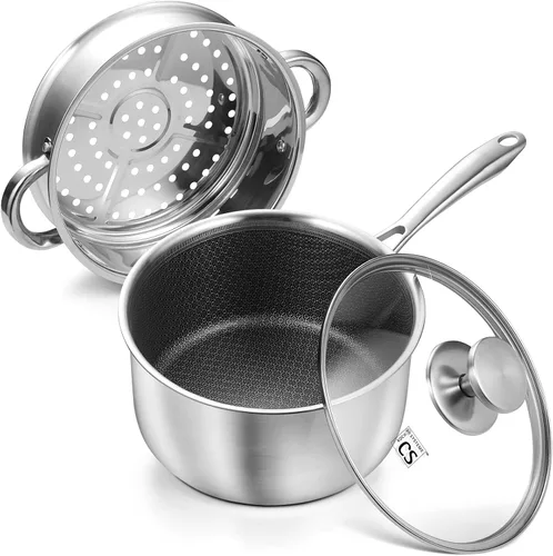 Vista 10 de KOCH SYSTEME CS Juego de cacerolas híbridas antiadherentes de acero inoxidable, 1QT y 2QT Juego de cacerolas de acero inoxidable triple capa