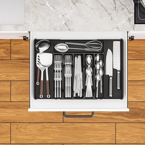 Vista 5 de Yieach Organizador de cajones de cubiertos expandible negro – Se ajusta de 11'' a 22'' – Organizador de cuchillos, cubiertos, cucharas y tenedores