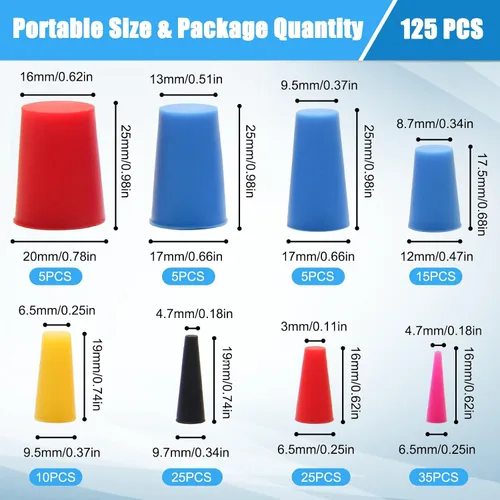 Vista 2 de 125 tapones de goma de silicona, tapones cónicos de goma de alta temperatura, 8 tamaños de 1/16 a 5/8 pulgadas para proteger tapones de agujeros