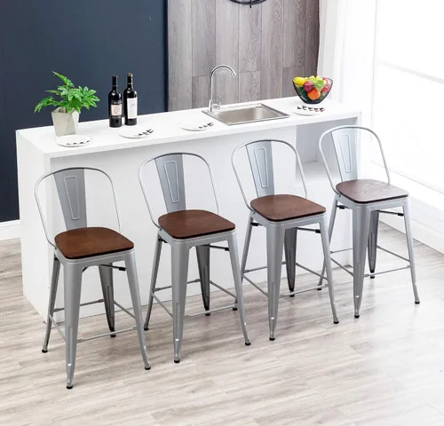 Vista 9 de HAOBO Home Juego de 4 taburetes de bar giratorios de metal con respaldo alto (negro mate con asiento de madera, giratorios de 24 pulgadas)