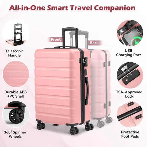 Vista 3 de AnyZip - Equipaje de mano de 21" con carcasa dura PC ABS, maleta ligera con USB, ruedas y candado TSA, Rosa