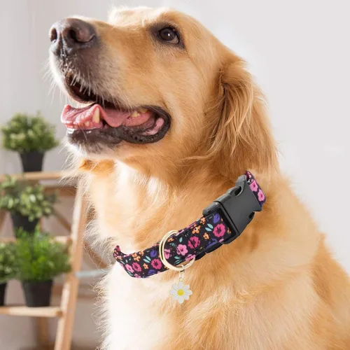 Vista 5 de Lindo collar de algodón para perro, patrones de flores, collares suaves y ajustables para cachorros, para hembras, perros pequeños, medianos