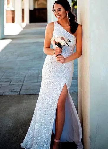 Vista 4 de One Shoulder Sequins Prom Dresses Mermaid Long Formal Evening Dresses Ball Gowns for Women with Slit