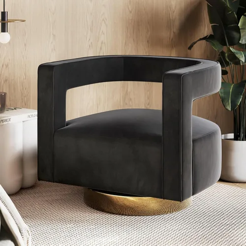 Vista 2 de BELLEZE Silla de Acento Giratoria Tipo Barril, Silla Redonda Moderna Tapizada con Brazos Cómoda de Terciopelo con Respaldo Curvado con Base Dorada