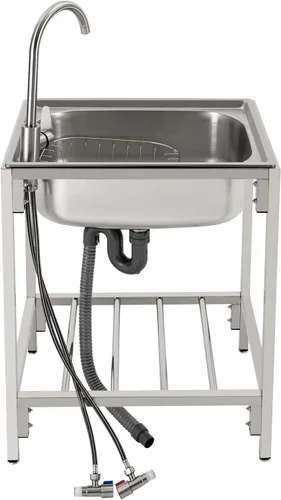 Vista 5 de Fregadero de cocina de acero inoxidable con soporte, fregadero de lavandería simple para el hogar con grifo, lavabo multiusos independiente