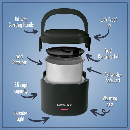 Vista 3 de Nostalgia Fiambrera portátil calentada – Calentador de alimentos de acero inoxidable de 2.5 tazas – Cable desmontable, tapa a prueba de fugas, asa